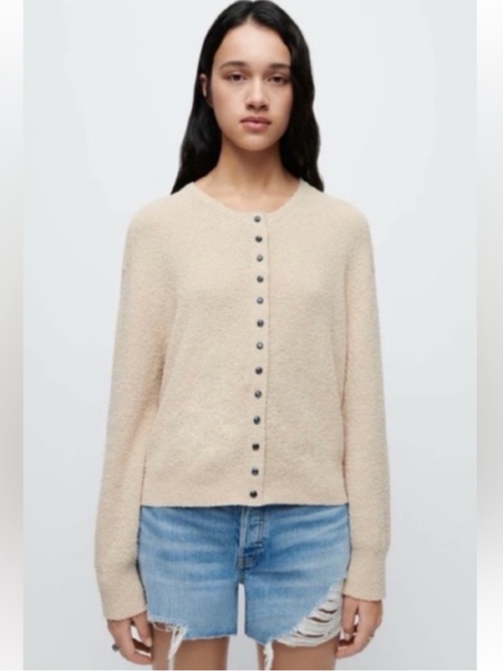 Re/Done Beige Opalescent Button-Front Knit Textured Cardigan Size XS Extra Small